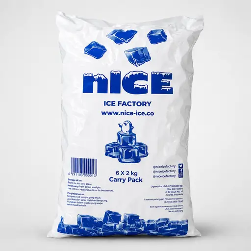 Nice Ice Factory ice cubes in a 2 kg carry pack, six packs per case.