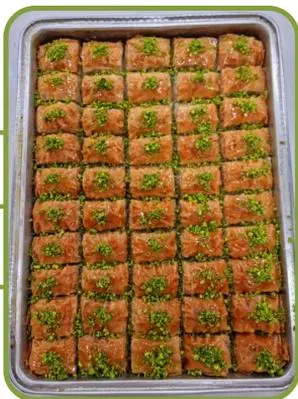 Classic layered baklava with pistachio, in crisp filo and syrup.