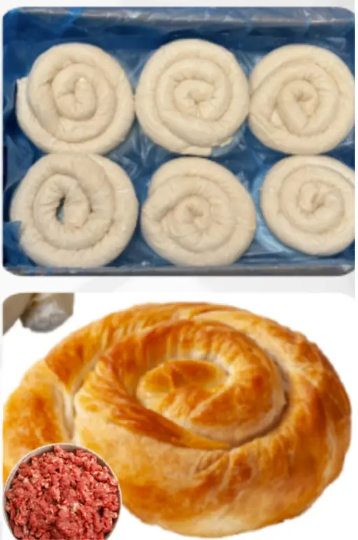 Spiral filo pastry filled with seasoned minced meat, ready to bake from frozen.