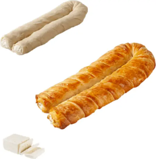 U-shaped borek pastry filled with cheese, ready to bake from frozen.