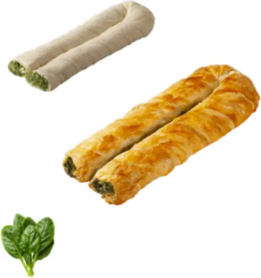 U-shaped borek pastry filled with spinach, ready to bake from frozen.