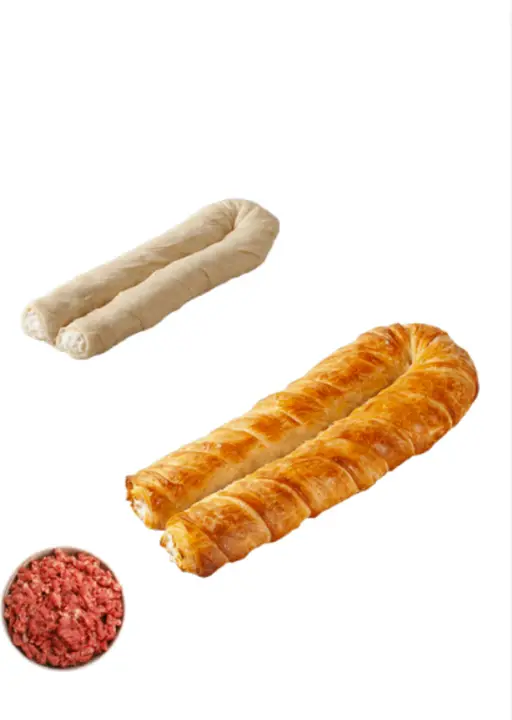 U-shaped borek pastry filled with seasoned minced meat, ready to bake from frozen.