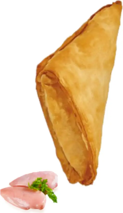 Triangular filo pie filled with seasoned chicken, ready to bake from frozen.