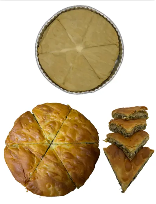 Traditional hand-folded pie filled with spinach and cheese, ready to bake from frozen.