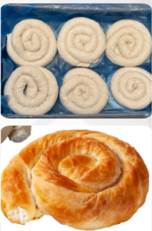 Spiral filo pastry filled with feta cheese, ready to bake from frozen.