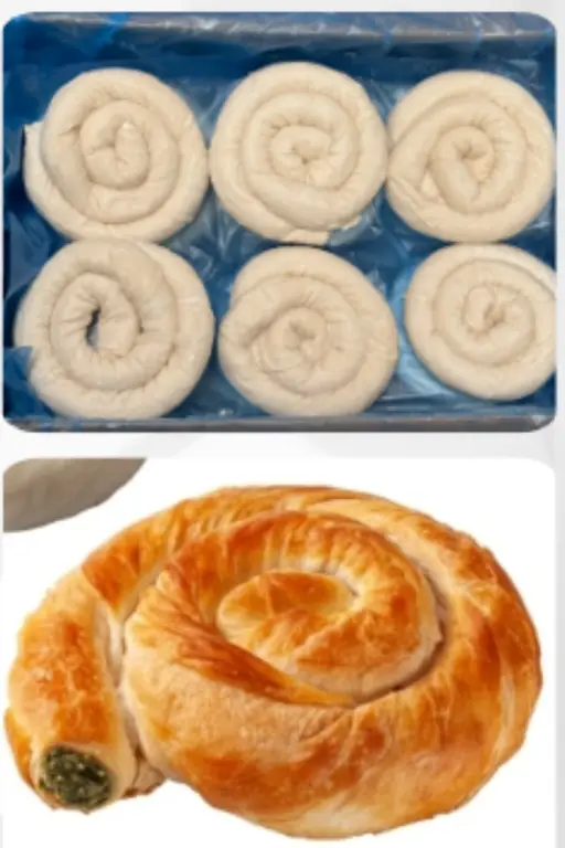 Spiral filo pastry filled with spinach and feta cheese, ready to bake from frozen.