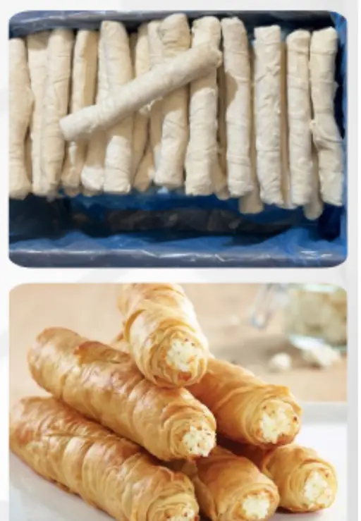 Crispy filo rolls filled with feta cheese, ready to bake from frozen.
