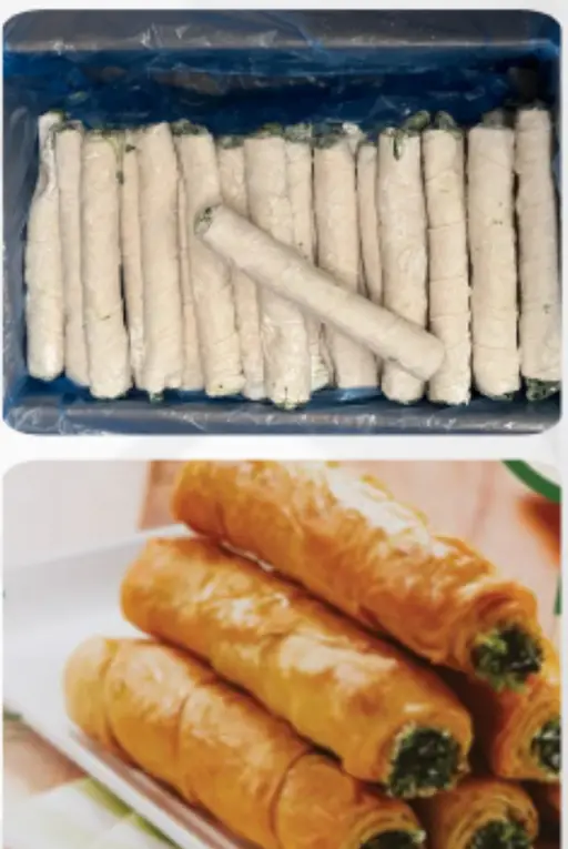 Crispy filo rolls filled with spinach and feta cheese, ready to bake from frozen.