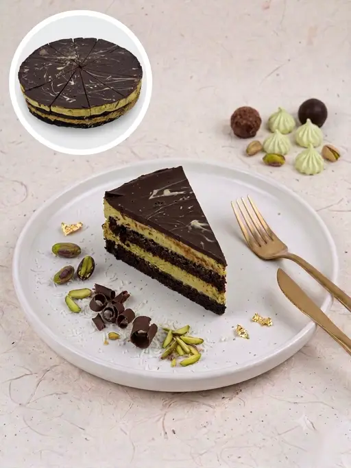 Dubai-style chocolate cake with chocolate frosting.
