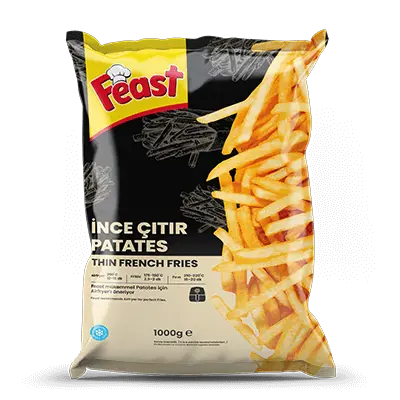 Feast thin-cut French fries (7x7 mm), ready to fry or bake from frozen.