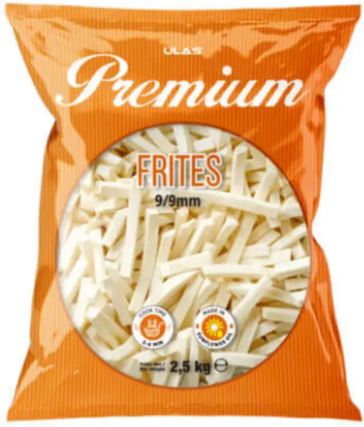 Ulas Premium straight-cut French fries (9/9 mm), ready to fry or bake from frozen.