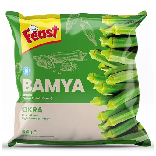 Feast whole okra, frozen and ready to cook from frozen.