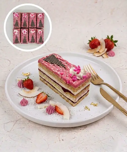 Layered slice cake with strawberry and coconut.