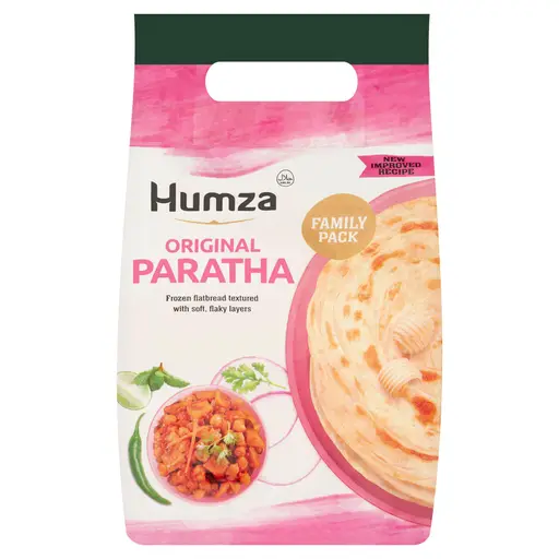 Plain layered paratha flatbread, ready to pan-fry from frozen. Family pack.