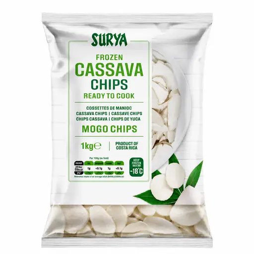 Surya cassava (yuca) chips, frozen and ready to fry or cook.