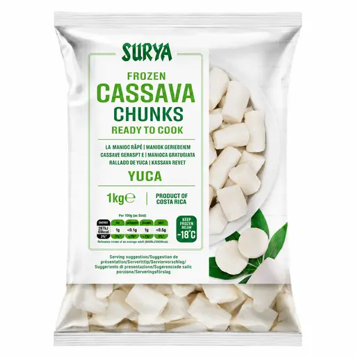 Surya cassava (yuca) chunks, frozen and ready to boil or cook.