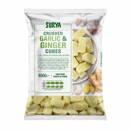 Surya crushed garlic and ginger blend, individually quick-frozen for cooking.