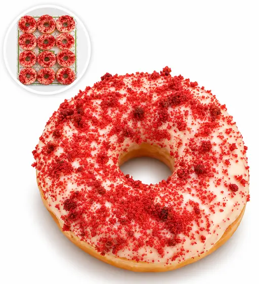 Ring doughnut with white glaze and a red velvet crumb topping. RBJ brand.