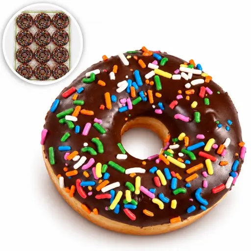 Ring doughnut with chocolate glaze and rainbow sprinkles. RBJ brand.