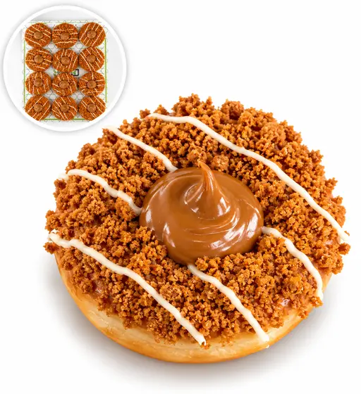 Doughnut with Lotus biscuit crumb, white drizzle and caramelised biscuit spread piped in the centre. RBJ brand.