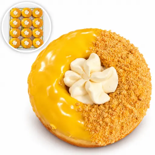 Doughnut with lemon glaze, biscuit crumb and cream cheese piped in the centre. RBJ brand.