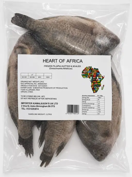 Whole gutted and scaled tilapia, grade 800/1000 g, frozen. Africa Star brand.