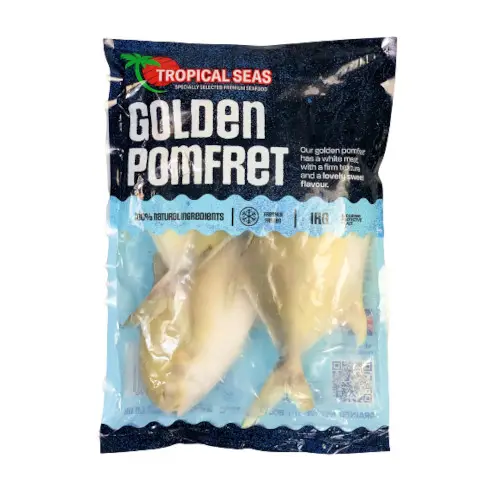 Whole golden pomfret, frozen. Tropical Seas brand.