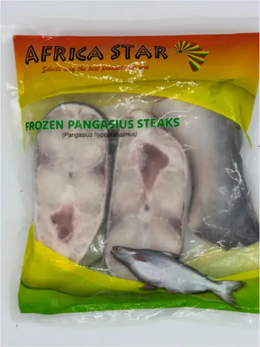 Pangasius steaks, frozen. Africa Star brand.
