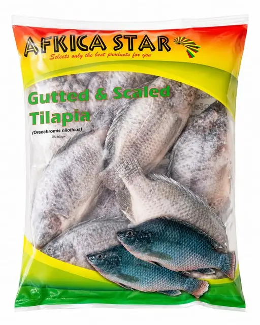 Whole gutted and scaled tilapia, grade 300/500 g, frozen. Africa Star brand.