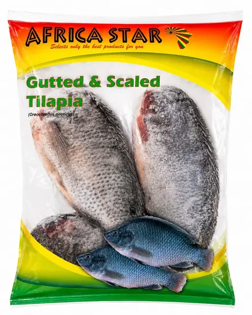 Whole gutted and scaled tilapia, grade 500/800 g, frozen.