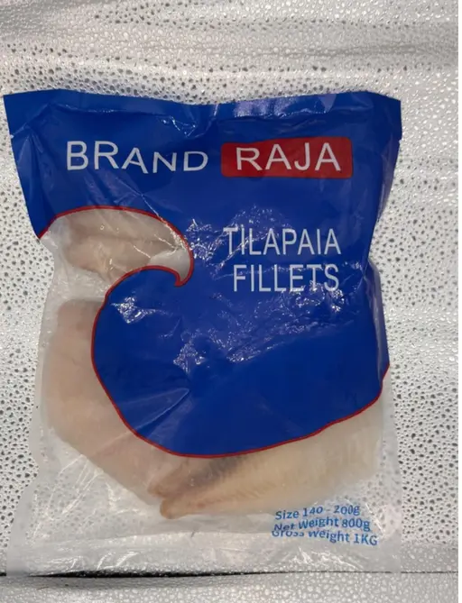 Boneless tilapia fillets, frozen. Raja brand.