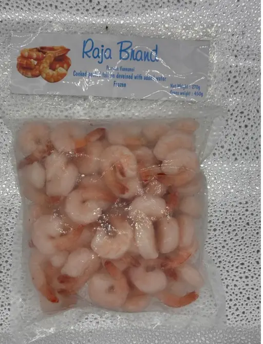 Frozen prawns, shell-on. Raja brand.
