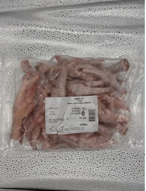 Cleaned chicken feet, frozen.