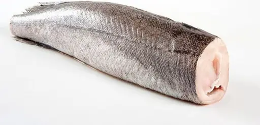 Whole hake, headed, gutted and tailed (HGT), frozen.