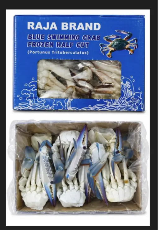 Blue swimming crab, half-cut and frozen.