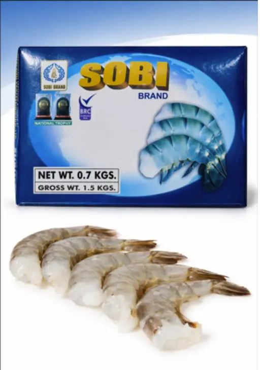 Headless shell-on prawns (size 5U), frozen.