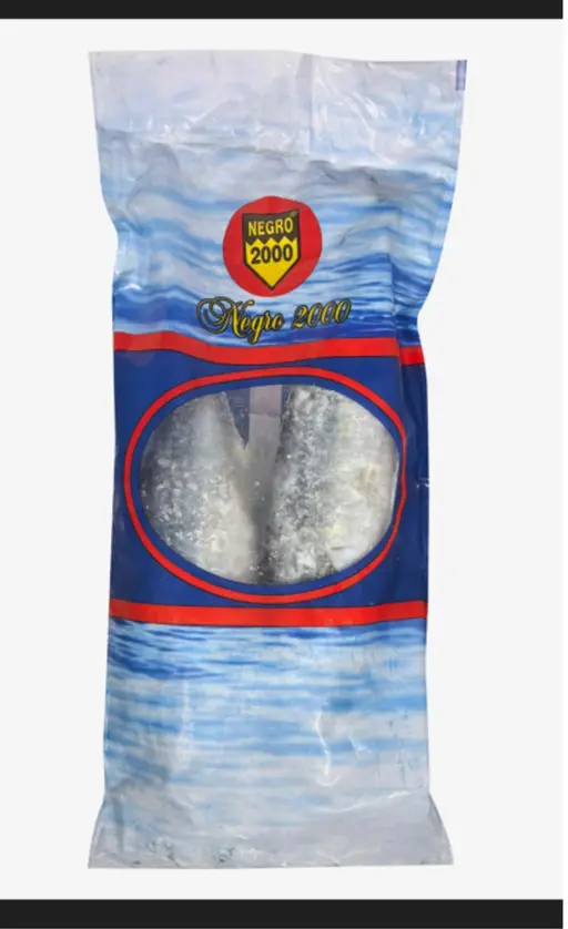 Whole mackerel, frozen, two fish per bag. Negro 2000 brand.