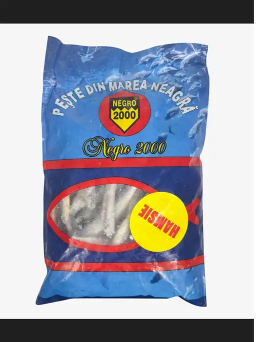 Whole anchovies (hamsi), frozen. Negro 2000 brand.