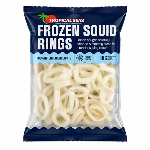 Ocean-caught squid rings, individually quick-frozen. Tropical Seas brand.