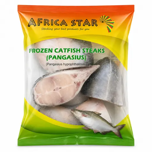 Pangasius (catfish) steaks, frozen. Africa Star brand.