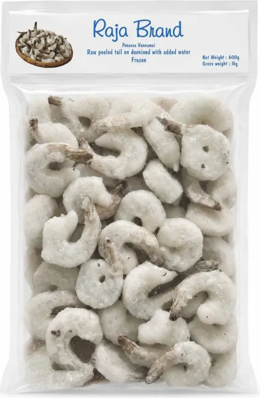 Raw peeled king prawns, tail-on and deveined, grade 16/20, frozen. Raja brand.