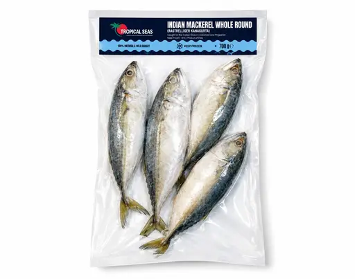 Whole round Indian mackerel, individually quick-frozen in vacuum-sealed retail packs.