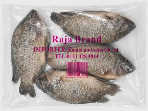Whole gutted and scaled tilapia, grade 300/500 g, frozen. Raja brand.