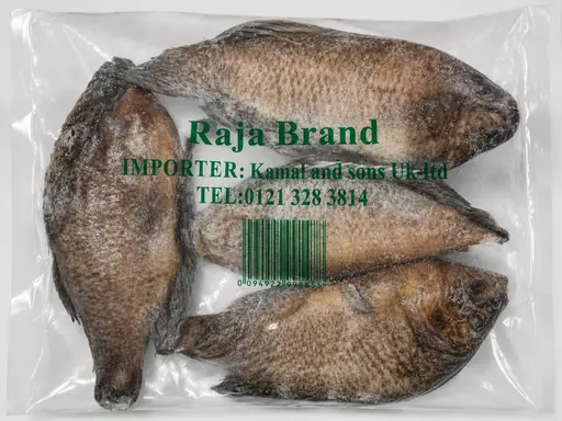 Whole gutted and scaled tilapia, grade 500/800 g, frozen. Raja brand.