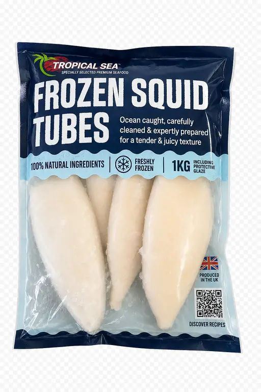 Ocean-caught frozen squid tubes, cleaned and prepared, 1 kg including protective glaze. Tropical Sea brand.