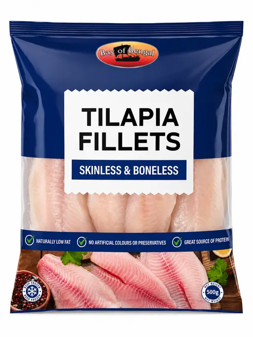 Skinless and boneless tilapia fillets, frozen, 500 g net weight. Bay of Bengal brand.