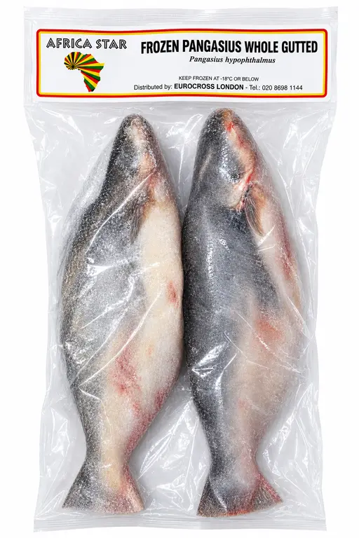Whole gutted pangasius, size 800 g and up, frozen. Africa Star brand.