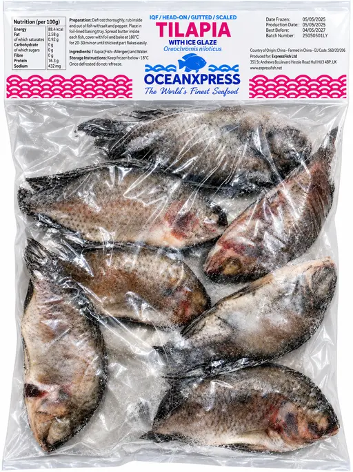 Whole gutted and scaled tilapia, IQF with ice glaze, frozen. OceanXpress brand.