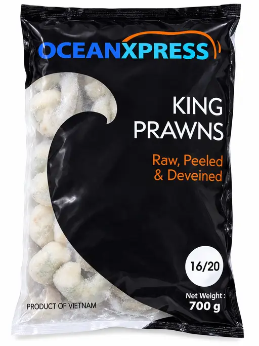 Raw peeled and deveined king prawns, grade 16/20, frozen. OceanXpress brand. Product of Vietnam.