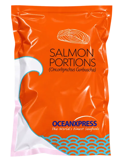 Skinless and boneless pink salmon portions, frozen. OceanXpress brand.